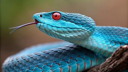 Obraz premium Close-Up of a Vibrant Blue Pit Viper with Striking Red Eyes and Forked Tongue