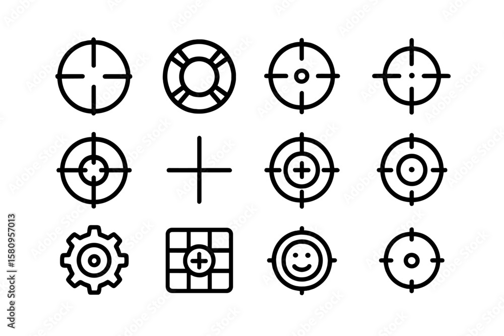 Poster dark target icon set with crosshairs and gear elements on textured background