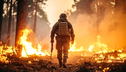 Naklejka premium Soldier walks through forest fire