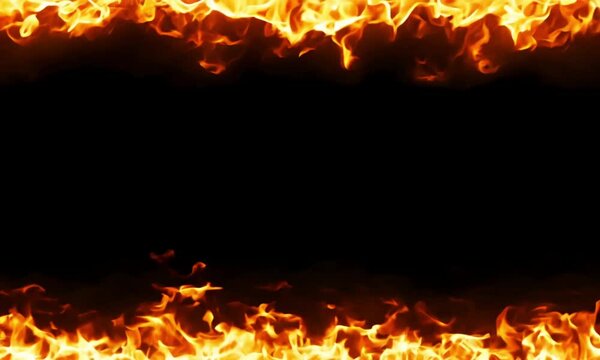 A fiery frame with flames at the top and bottom against a solid black background design element