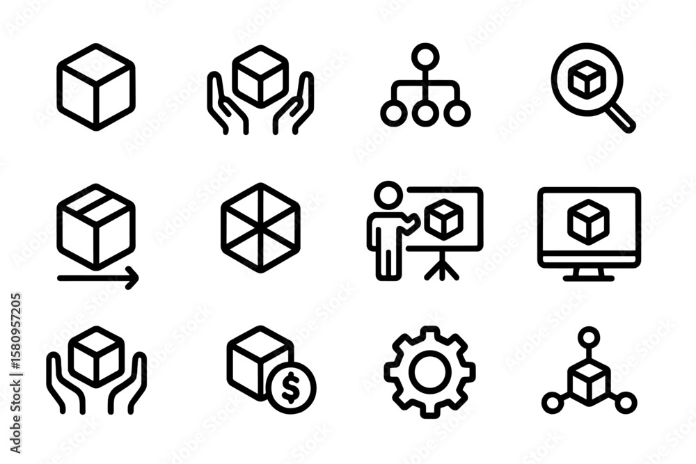 Poster minimalist icons of cube and network concepts in linear style