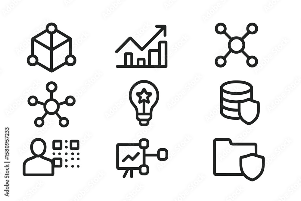 Poster minimalist icons for data analysis and security concepts in tech design