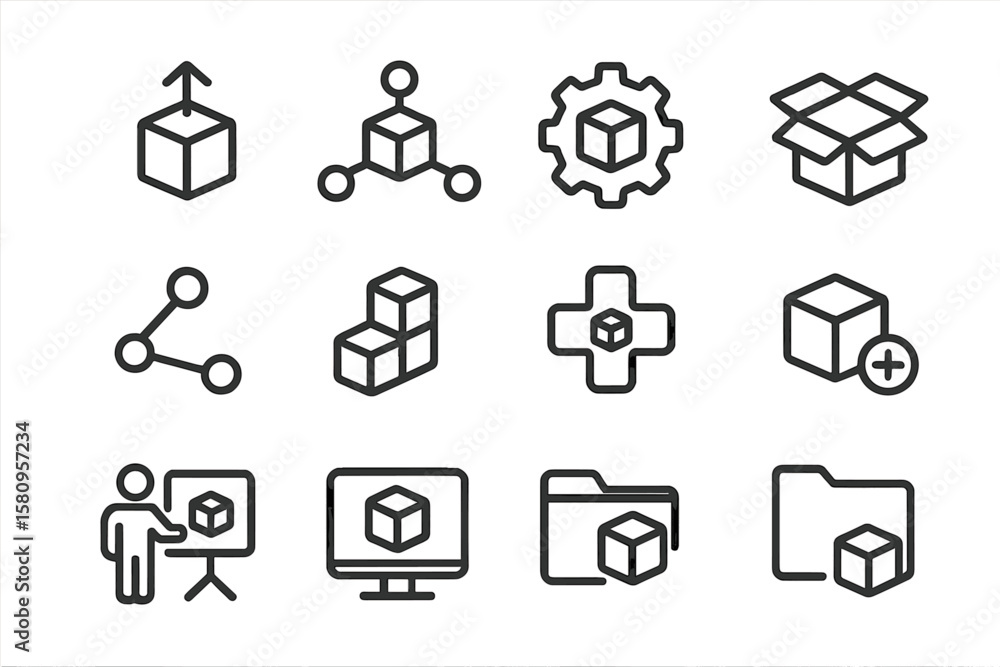 Poster set of 3d line icons with cubes and connection symbols on dark background