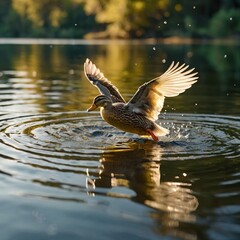 A small yellow duck mid-air as she jumps into a sparkling lake