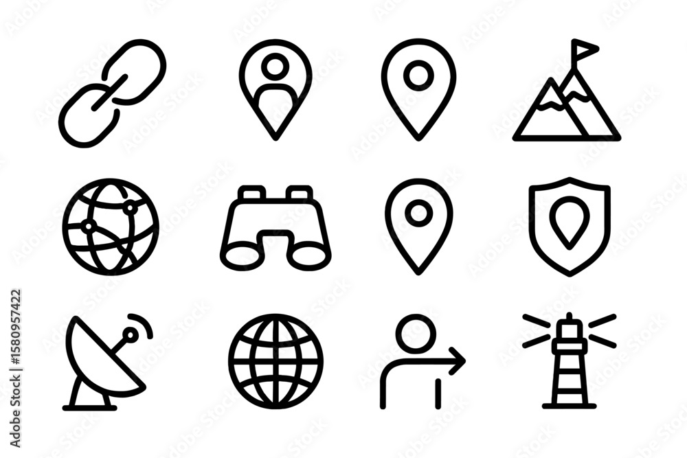 Poster simple line icons for navigation and location on dark background