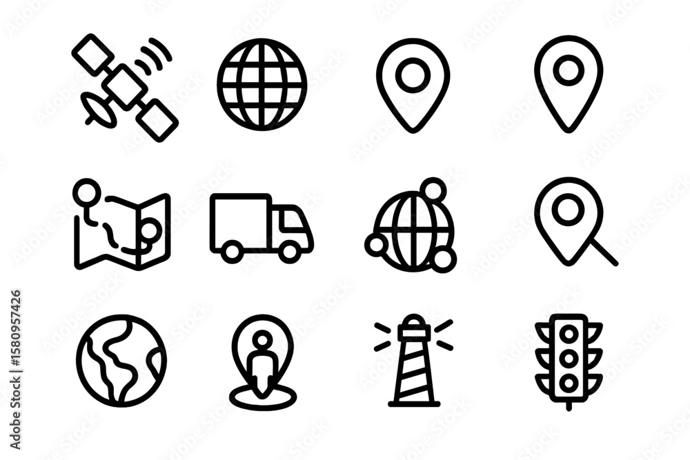 Poster linear gps and navigation icons on dark background
