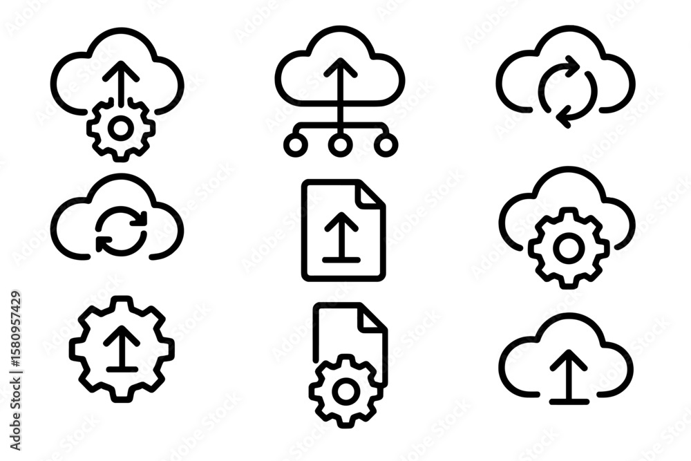 Poster seamless cloud computing icons in black linear style on dark background