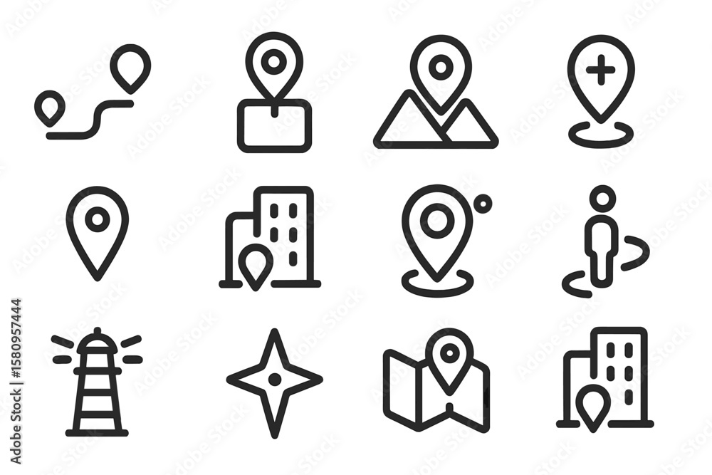 Poster minimalistic location icons set with map and navigation symbols