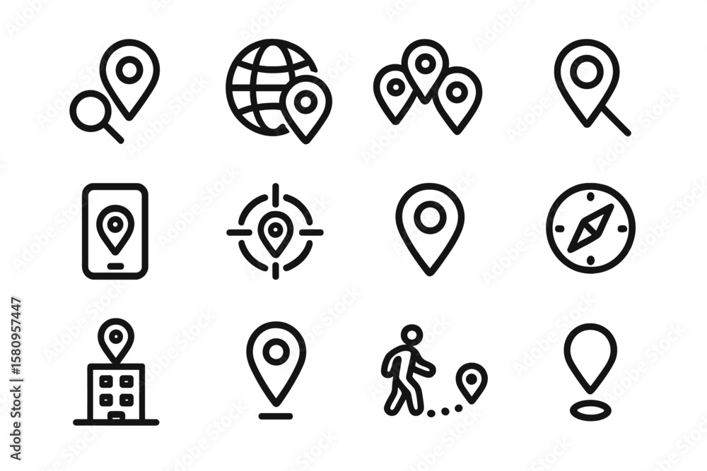 Poster location and navigation icons in modern linear style on dark background