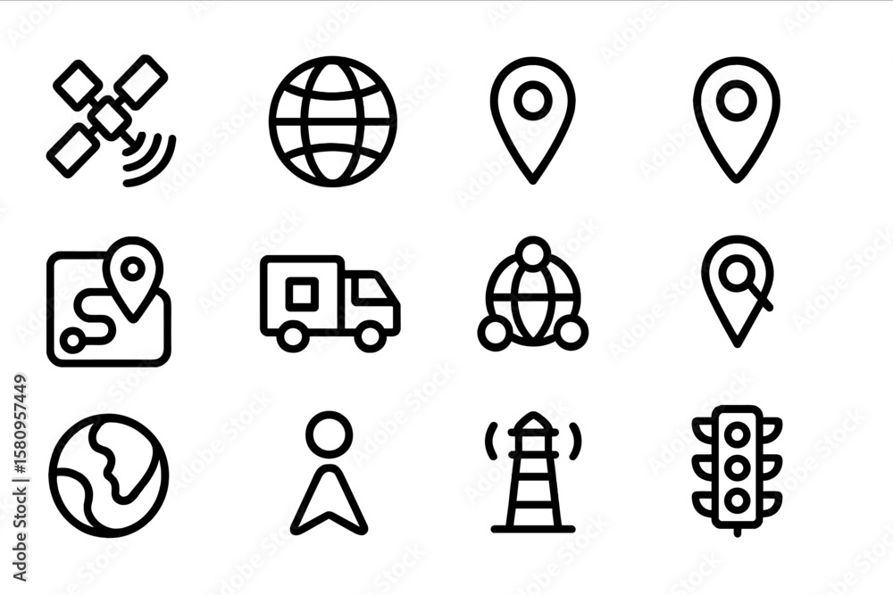 Poster minimalist outline icons of navigation and location elements