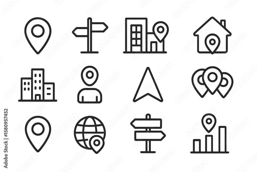 Poster dark background with location and navigation icon set in linear style