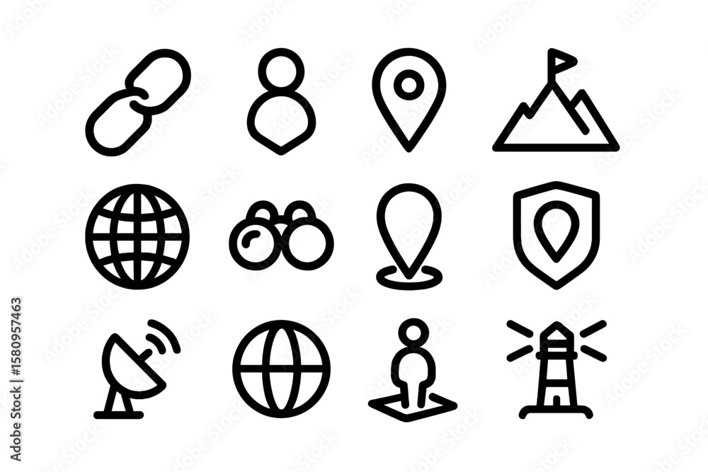 Poster minimalist navigation and location icons set in a dark theme for modern interfaces
