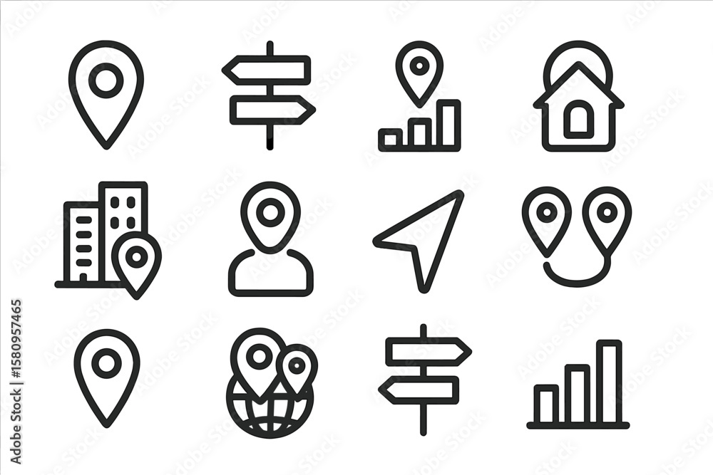 Poster minimalist navigation and location icons set on dark background