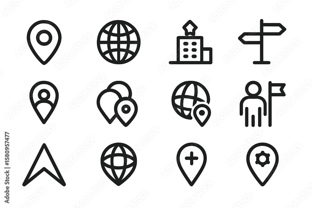 Poster simple location and navigation icons on dark background