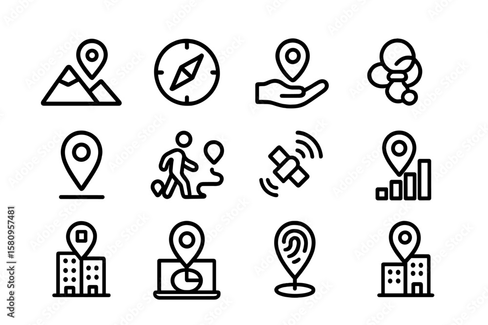 Poster gps and navigation icons on dark background for modern interfaces