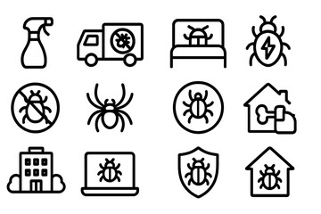 Silhouette icons of pest control and bed bug prevention techniques