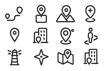 Minimalistic location icons set with map and navigation symbols