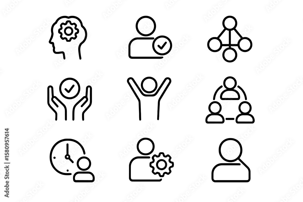 Poster minimal black linear icons for human resources and productivity concepts