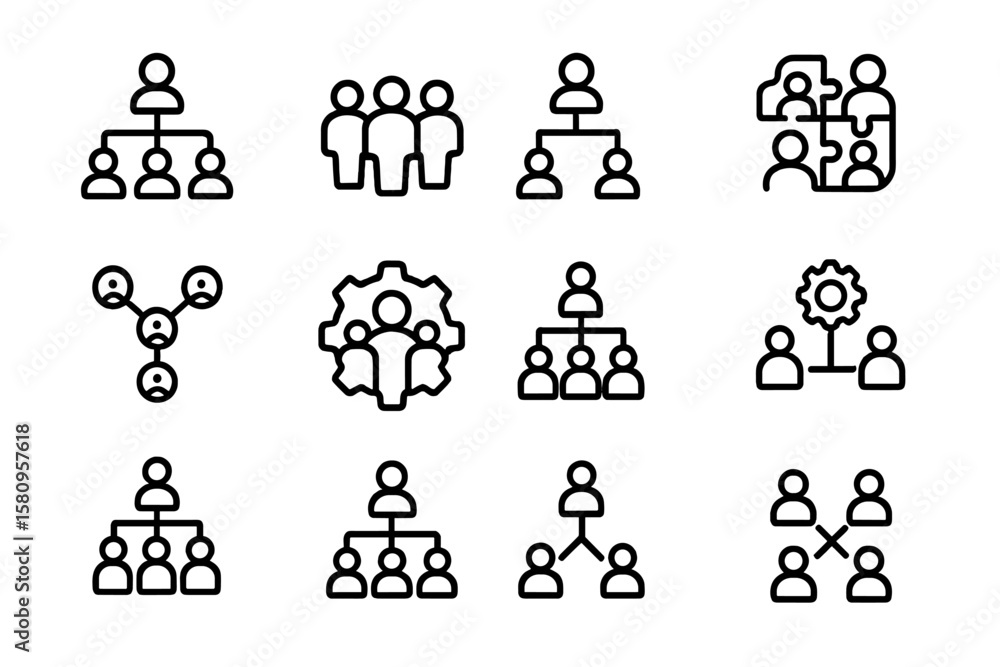 Poster linear icons of teamwork and organizational structures on dark background