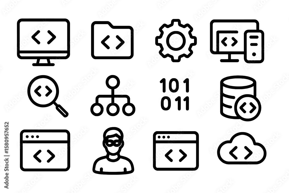 Poster minimalist icons for coding and technology: clean black linear design