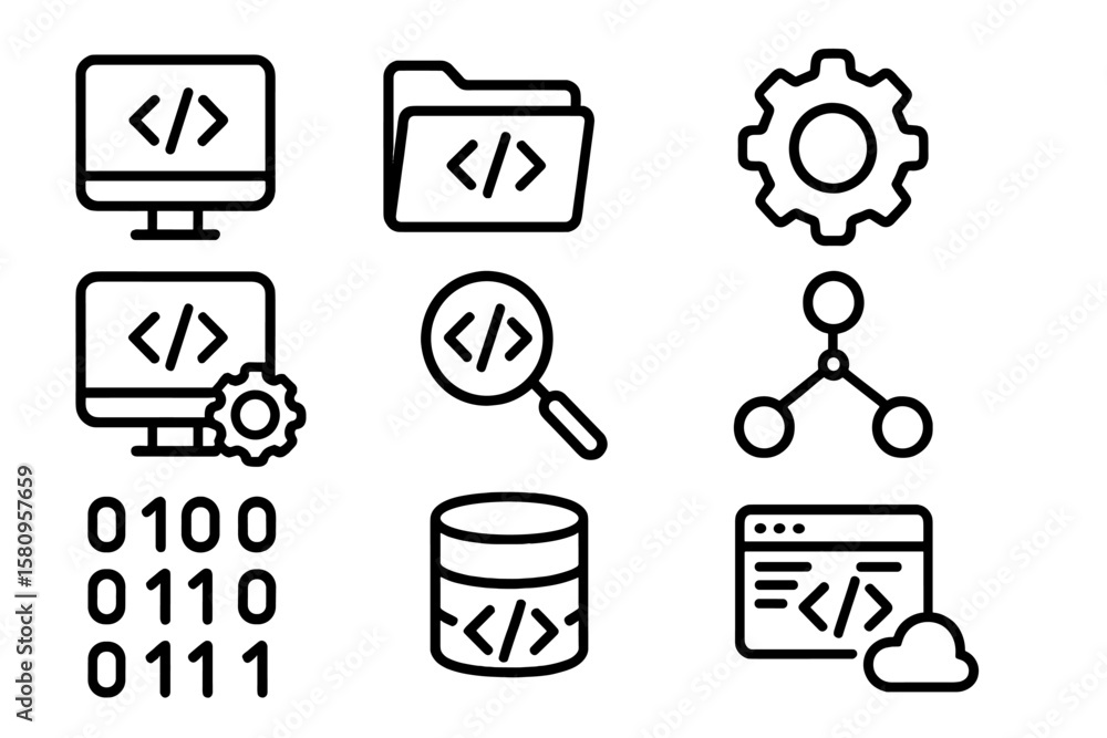 Poster coding and development icons: minimalistic black line style