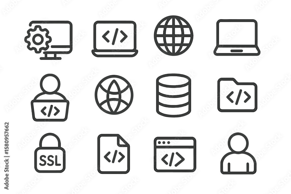 Poster outline icons for web development and cybersecurity themes