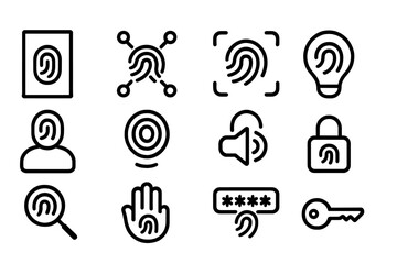 Biometric security icons: fingerprint, identification, lock, and key concepts in line art