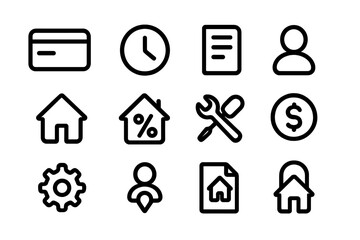 Minimalist black line icons on dark background for business and home concepts