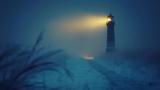Snowy path leads to glowing lighthouse in dense fog at night