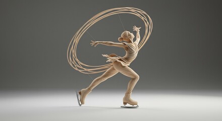 Wooden figure skater sculpture with flowing concentric rings on a minimalist grey background