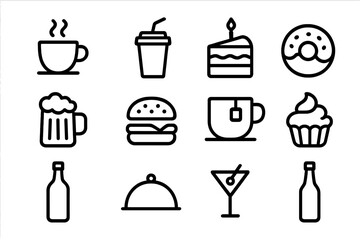 Set of linear food and drink icons on dark background