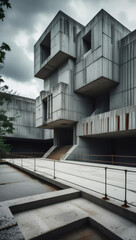 Fototapeta premium Modern Brutalist Architecture: Geometric Concrete Structure with Textured Detail in Urban Landscape - Contemporary Design with Symmetry, Dramatic Angles, and Greenery Integration