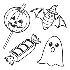 Cute cartoon black and white outline illustrations of halloween icons including a jack o lantern lollipop a bat wearing a witch hat a wrapped candy and a ghost