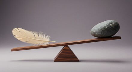 Wooden seesaw tilted with a light feather and a heavy textured rock on a plain grey background