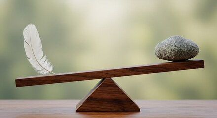 Wooden seesaw balancing a white feather high on left and a grey rock low on right against a blurred green background