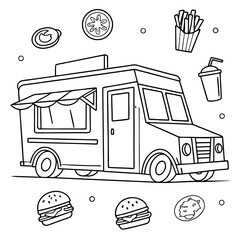 Black and White Food Truck with Burgers Fries and Drink Illustration for Coloring Page