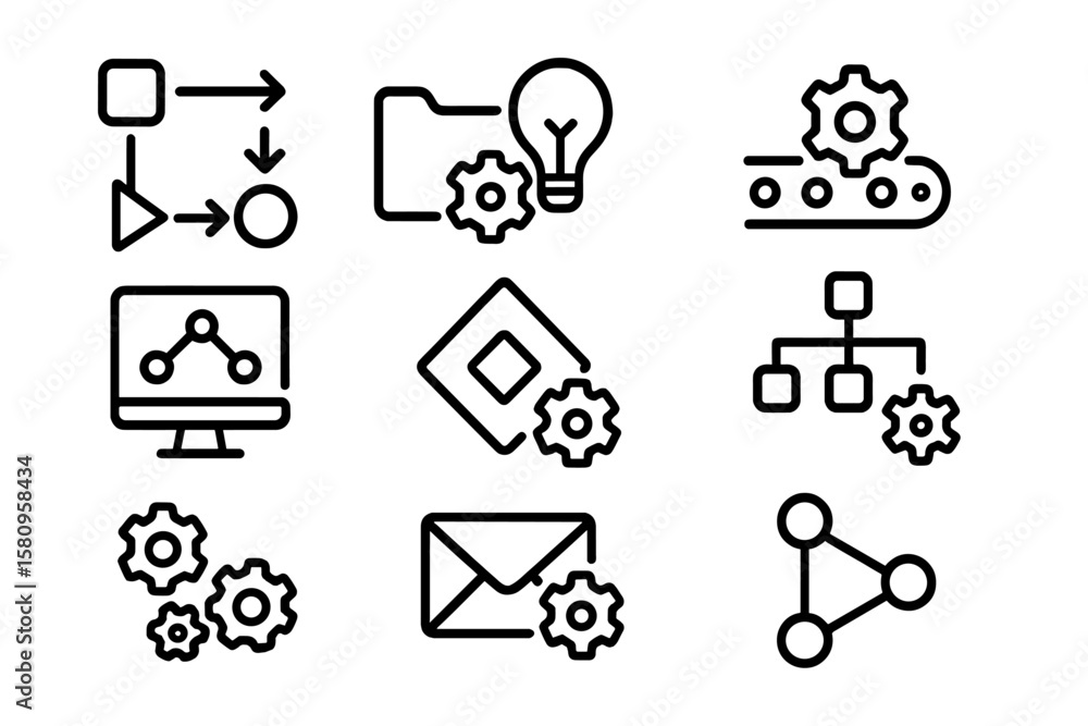 Poster seamless workflow icons in black linear style with technology and business theme