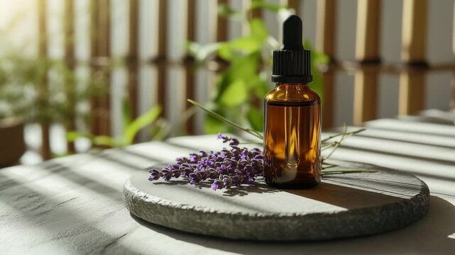 Amber glass dropper bottle with lavender flower on stone plate in warm golden sunlight creating calm natural atmosphere for essential oil aromatherapy skincare use