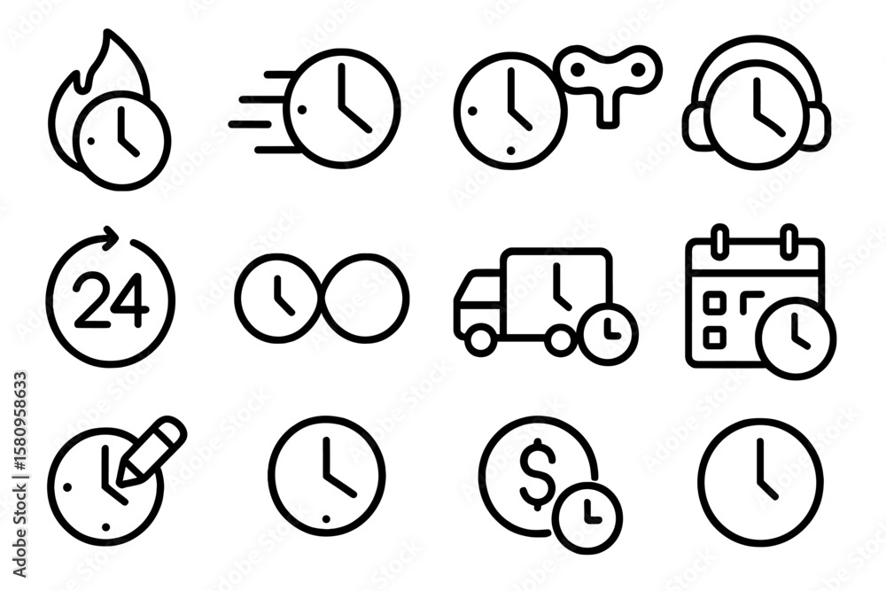 Poster time management icons set in linear style with clocks and calendars