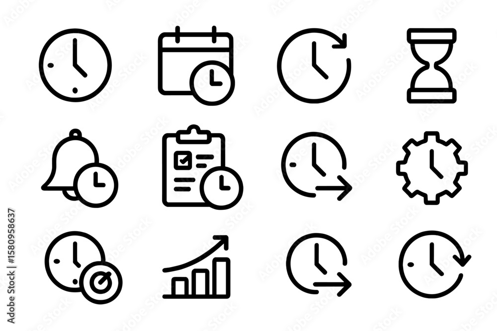 Poster linear time management icons set with clocks and calendars