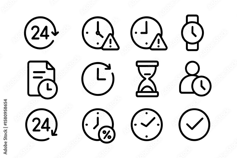 Poster outline icons set: time management and clock symbols