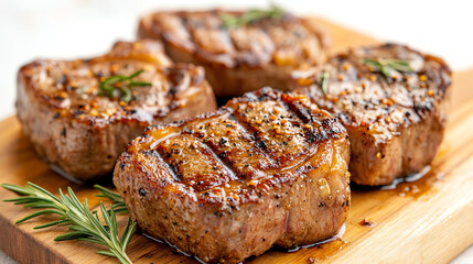 Delicious grilled steaks seasoned perfectly, served on a wooden board, garnished with fresh herbs for an appetizing presentation.