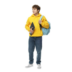 Fototapeta premium Teenage boy with laptop and backpack on white background
