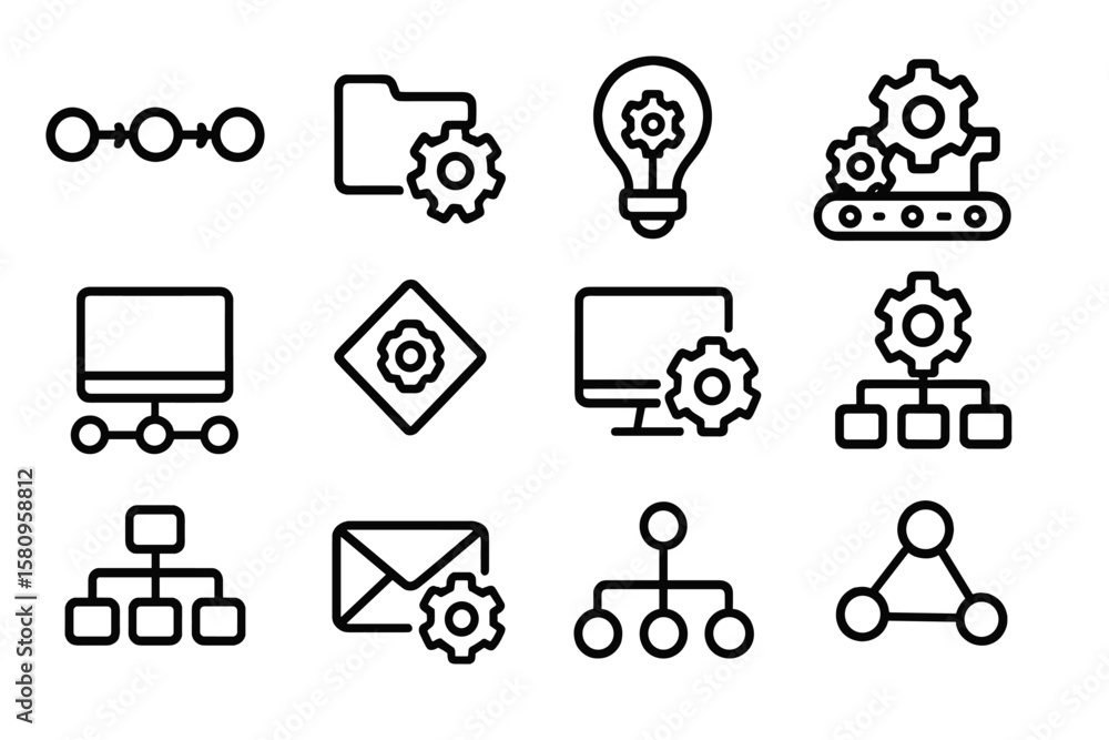Poster set of black outline technology icons with gears and network elements