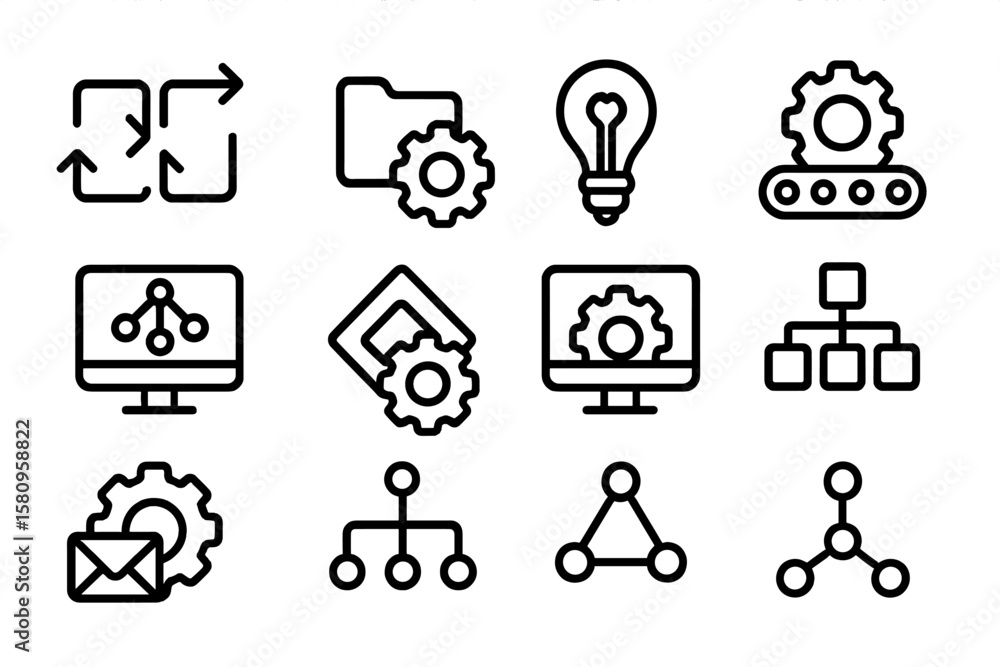 Poster minimalist black line icons depicting technology and automation concepts
