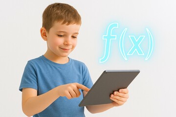 Young Student Engaging with Interactive E-Learning Math on Tablet