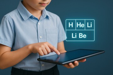 Young Student Using Tablet for Interactive E-Learning with Virtual Chemistry Elements