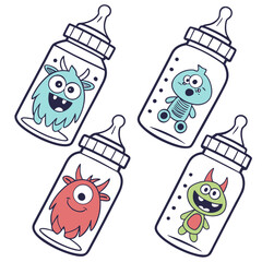 Four adorable cartoon baby bottles each containing a unique friendly and colorful monster illustration on a clean white background