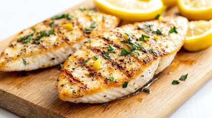 Deliciously grilled fish fillets garnished with fresh herbs and served with lemon slices on a wooden cutting board.