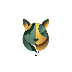 Stylized, abstract illustration of a cat's head, divided into two halves of contrasting colors, with a paper-cut effect.